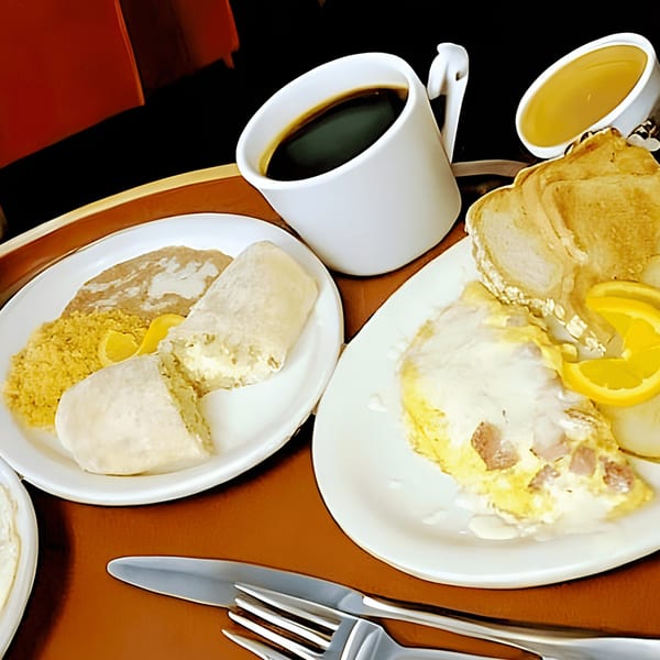 Mexican breakfast with coffee, juice, omelet, toast, and a burrito on a tray.