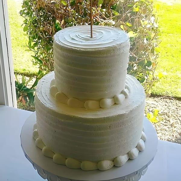 Two-tiered white wedding cake with textured frosting and decorative piping, set against a sunny window.
