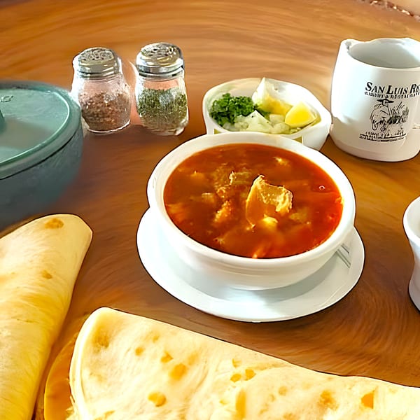 A bowl of red menudo soup with tortillas, spices, and a San Luis Rey mug on a wooden table.