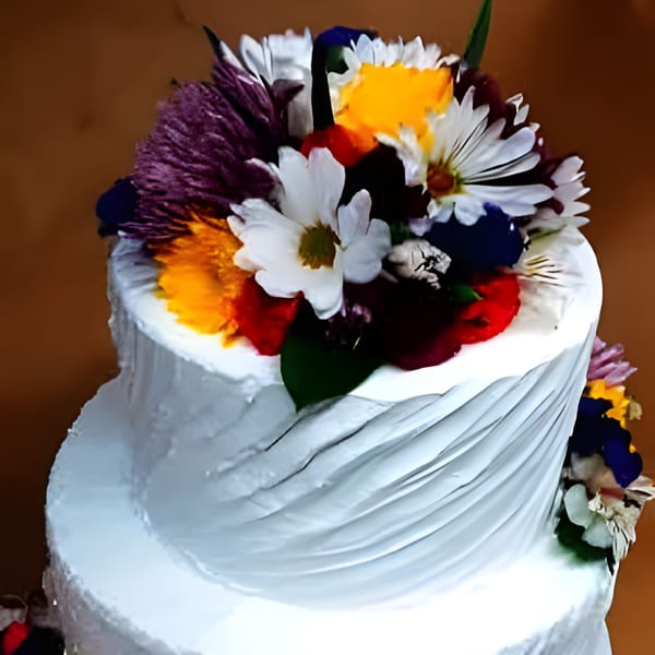 White tiered cake decorated with colorful fresh flowers, including purple, yellow, and white blooms.